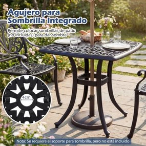 Mesa Jardim em alumínio fundido quadrada 54 x 54 x 53 cm, resistente a todas as condições meteorológicas, com orifício para guarda-sol; resistente à o