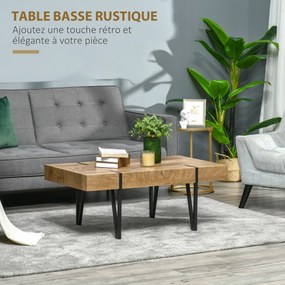 Mesa de centro retangular de estilo industrial, com pés em forma de alfinete de metal preto e tampo em madeira com aspeto envelhecido