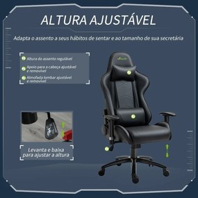 Cadeira de Gaming Ergonômica Giratória com Altura Ajustável Apoio para os Braços Apoio para a Cabeça e Almofada Lombar Couro Sintético 73x71x128-136cm