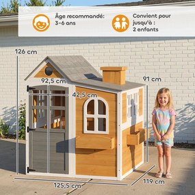 Casa de brincar infantil de madeira para exterior 125,5 x 119 x 126 cm, casinha infantil para exterior/interior com porta, janelas, 3 floreiras, amare