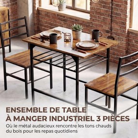 Conjunto de mesa de jantar com 2 cadeiras, mesa de cozinha com cadeiras para 2 pessoas, estrutura em metal, castanho