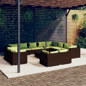vidaXL 13 pcs conjunto lounge de jardim c/ almofadões vime PE castanho