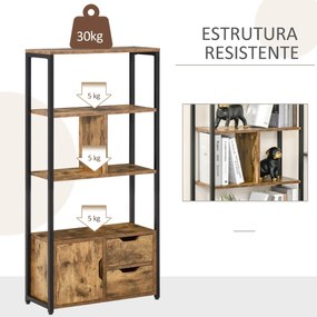 Estante para Livros com Armário e 2 Gavetas de Armazenamento Estante Estilo Industrial para Escritório Sala de Estar 58x24x122cm Marrom Rústico