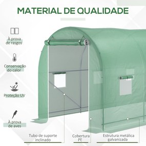 Estufa tipo Túnel 500x200x205 cm Estufa de Jardim com Porta Enrolável e 8 Janelas Cobertura de PE 140 g/m² Verde