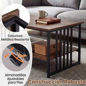 Mesa de centro retangular 110 x 60 x 45 cm com 2 prateleiras de arrumação, Estrutura metálica resistente, mesa moderna para sala de estar em castanho