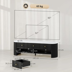 Móvel para TV de 140 cm, móvel para televisor de 65 polegadas com efeito de mármore, 3 gavetas com frentes caneladas e 2 prateleiras pretas