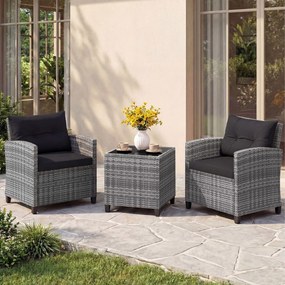 Conjunto de jardim de 3 peças, composto por cadeiras de rattan e mesa com tampo de vidro temperado para pátio, rattan em mistura de cinzento com almof