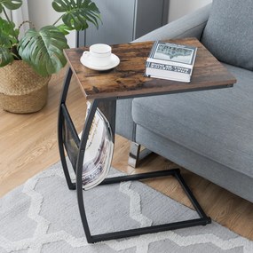 Mesa apoio em forma de C com bolso lateral em estilo industrial para sofá e cama de sala de estar  52 x 35,5 x 59,5 cm Castanho