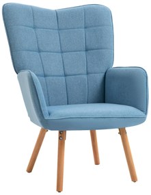 HOMCOM Poltrona de Sala de Estar Moderna Poltrona com Encosto Alto Apoio para os Braços Tecido de Linho e Pés de Madeira de Faia para Sala de Jantar Cozinha 71x76x101cm Azul