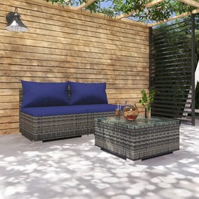 3 pcs conjunto lounge de jardim c/ almofadões vime PE cinzento