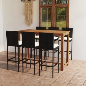 vidaXL 7 pcs conjunto de bar para jardim com almofadões preto