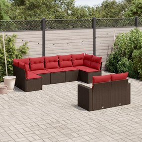 9 pcs conjunto sofás p/ jardim c/ almofadões vime PE castanho