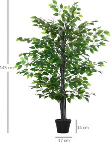 Árvore artificial, planta artificial, ficus, altura 1,45 m, tronco, ramos, liana, líquen, folhas, muito realista, vaso incluído