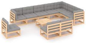 vidaXL 11 pcs conjunto lounge de jardim c/ almofadões pinho maciço
