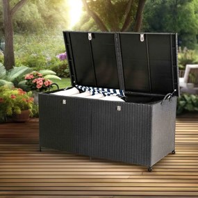 Caixa de exterior para almofadas 625 L em Polyrattan 151x77x73cm com Rodas Preto