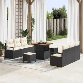 vidaXL Conjunto de Sofá de Jardim 9 Peças Com Almofadas em Rattan Preto e Acácia