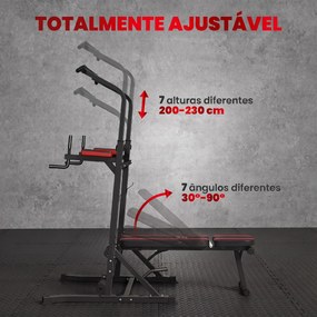 Estação de Musculação Dobrável com Barra de Elevações, Altura Ajustável e Banco Reclinável, Preto e Vermelho