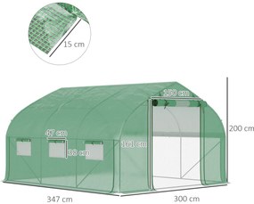 Estufa Tipo Túnel 347x300x200 cm Estufa de Jardim com Porta Enrolável 6 Janelas Cobertura PE 140g/m²  Verde