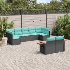 9 pcs conjunto de sofás p/ jardim c/ almofadões vime PE preto