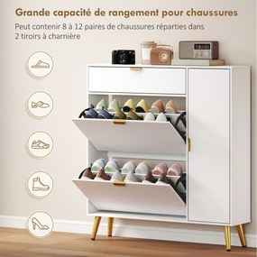 Sapateira com capacidade para 12 pares 99,4 x 23,8 x 106,6 cm, 2 gavetas rebatíveis, 4 compartimentos, branco