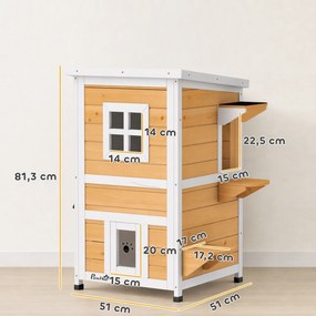 Casa de Madeira para Gatos de Exterior 2 Níveis com 3 Portas e Janela Amarela