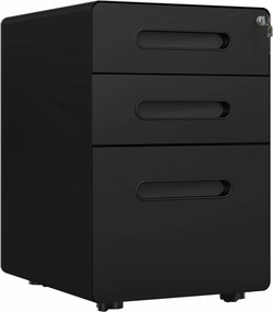 Vinsetto Gaveteiro Móvel com 3 Gavetas, Arquivo com Rodízios e Fechadura, Armário de Escritório com Pastas Suspensas e Compartimento para Canetas, Gaveteiro para Mesa 39x48x59cm Preto | Aosom Portugal