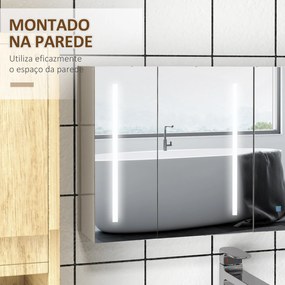 Armário Casa de Banho com Espelho e Luz LED com 3 Portas Prateleiras Ajustáveis e Interruptor Tátil 90x15x70 cm Branco Brilhante