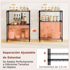 Estante metálica 59 x 34 x 79 cm ajustável  de 3 níveis com grelha de arame com capacidade para 204 kg para casa, cozinha, garagem, escritorio Preta