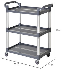 Carrinho de armazenamento de alumínio com 3 níveis de carga total 300 kg 88x44x93 cm Cinza