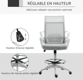 Cadeira de escritório com assento alto ajustável, 64 x 59 x 104-124 cm, cadeira giratória com rotação de 360°, tecido respirável cinzento e branco