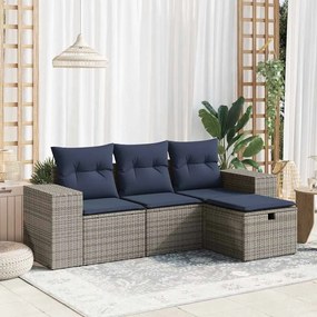 4 pcs conjunto sofás de jardim c/ almofadões vime PE cinzento