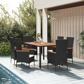 vidaXL 7 pcs conjunto de jantar p/ jardim c/ almofadões vime PE preto