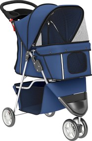 Carrinho Dobrável para Cães Pequenos até 10 kg com 3 Rodas, Capota, Cesta, Janelas em Rede e Porta-copos, Azul-Escuro