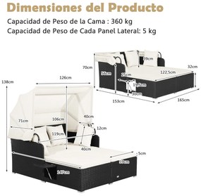 Cama Jardim dupla com almofadas em rattan com Dois painéis laterais rebatíveis para jardim Pátio Alpendre Branco e Preta