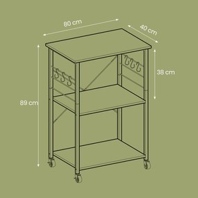 Carrinho de cozinha com 3 prateleiras e rodas 40 x 80 x 89 cm, cinza mesclado com preto