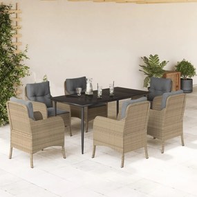 7 pcs conjunto de jantar p/ jardim com almofadões vime PE bege