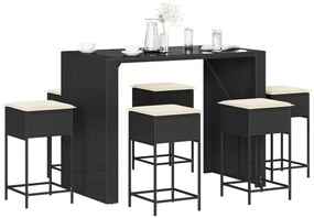 vidaXL 7 pcs conjunto de bar para jardim c/ almofadões vime PE preto