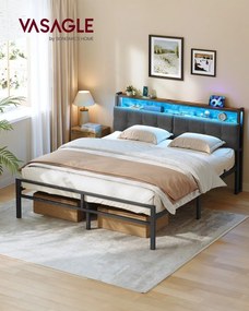Cama de metal 160 x 200 cm (COLCHÃO NÃO INCLUIDO), estrutura com cabeceira, cama com espaço de arrumação e iluminação LED Preto mate, castanho vintage