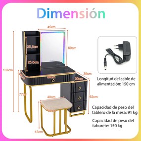 Toucador de maquilhagem RGB com espelho, 4 gavetas, 7 luzes LED dinâmicas, 7 luzes LED estáticas, banqueta e portas USB tipo C para o quarto, preto