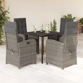 5 pcs conjunto de jantar p/ jardim c/ almofadões vime PE cinza