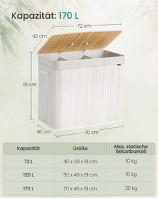 Cesto para roupa suja em bambu com 3 compartimentos 70 x 40 x 61 cm branco