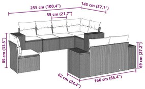 8 pcs conj. sofás jardim c/ almofadões vime PE cinzento-claro