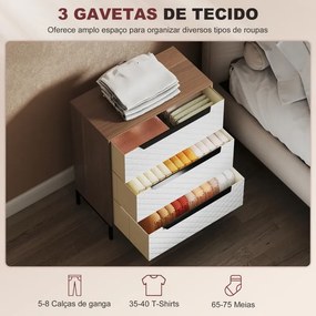 Cómoda com 3 Gavetas de Tecido Frentes com Padrão de Diamante 59,5x30x73,5 cm Móvel de Arrumação Madeira e Branco