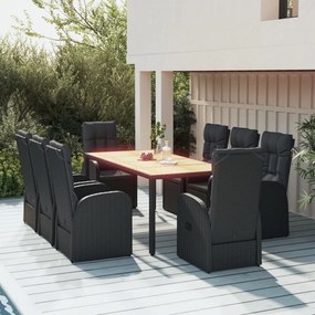 vidaXL 9 pcs conjunto de jantar p/ jardim c/ almofadões vime PE preto