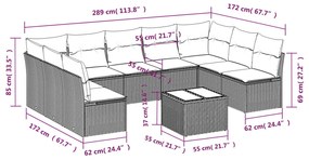 10 pcs conj. sofás jardim com almofadões vime PE castanho