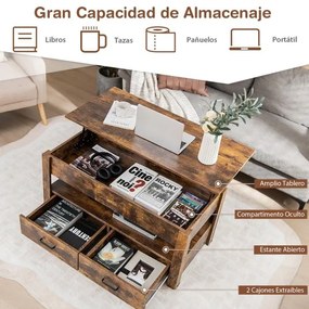 Mesa de centro com tampo de mesa elevável com estante para arrumação e 2 gavetas 106 x 74 x 61 cm Castanho rústico