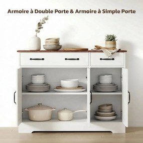 Aparador de cozinha 108 x 40 x 81 cm, móvel de arrumação com 3 portas de estilo celeiro, 2 gavetas e prateleiras ajustáveis, branco, castanho