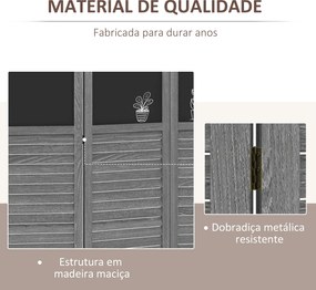 Biombo Separador de Ambientes Dobrável de 4 Painéis de Madeira com Quadros 162x172 cm Cinzento