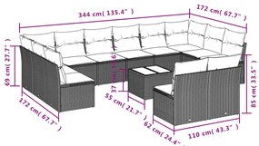 13 pcs conjunto sofás p/ jardim c/ almofadões vime PE castanho