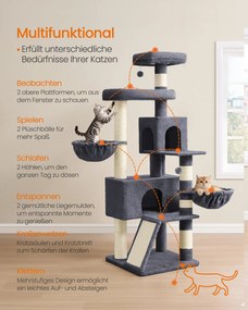 Arranhador para gatos 55 x 55 x 174 cmcom plataforma grande e cavidade dupla, cinzento escuro
